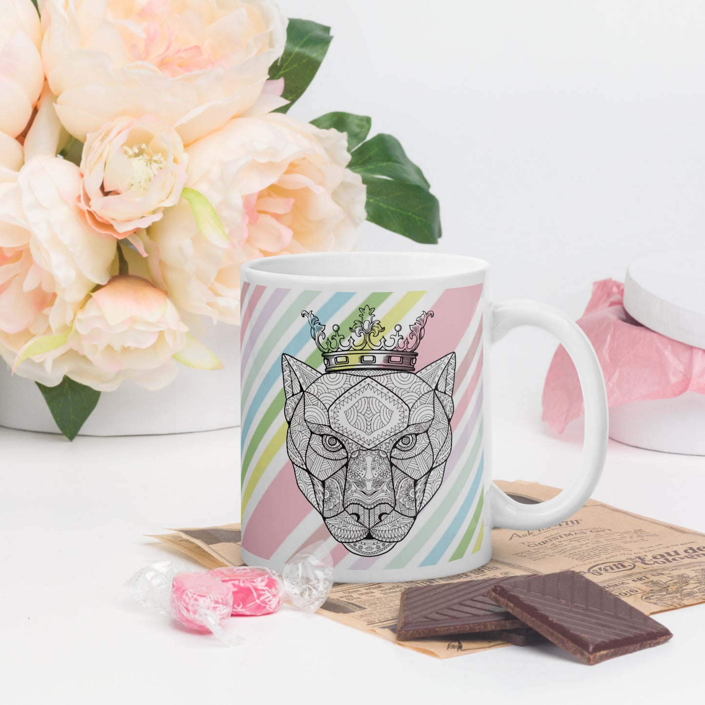 White glossy mug- Lioness Queen, Side Print